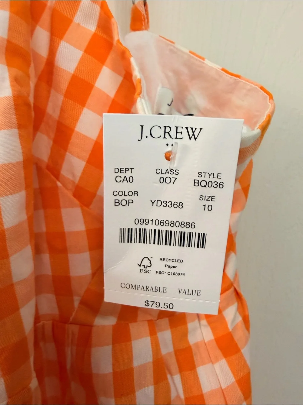 J. Crew Orange and White Gingham Spaghetti-Strap Top